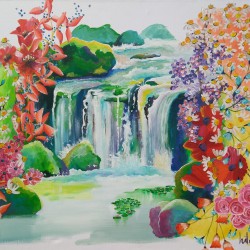 schilderij natuur waterval bloemen
